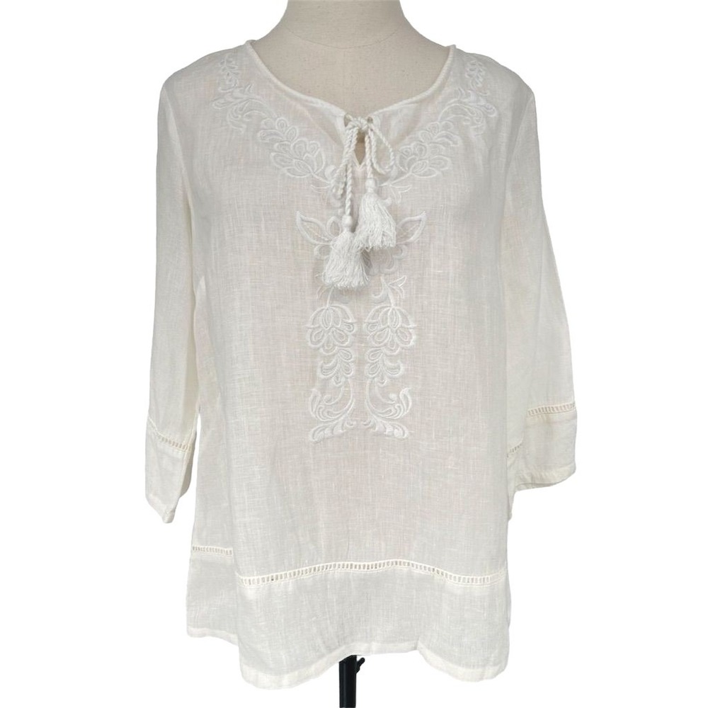 Saint Tropez West Women's MEDIUM White 100% Linen Embroidered Tassel Tunic Top